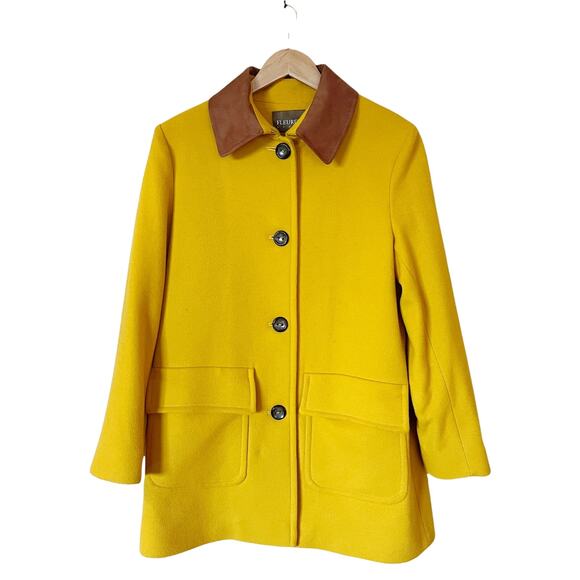 FLEURETTE Wool Barn Coat Jacket Yellow Contrast Collar Pockets USA Medium NWT - Picture 2 of 9